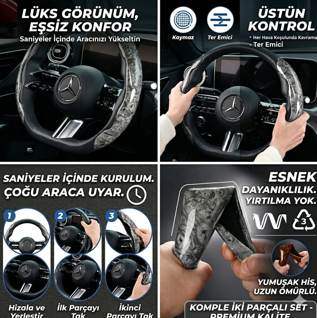 Ahşap Tasarımlı Direksiyon Simidi Koruma Kılıfı 2'li